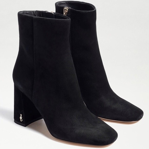 SAM EDELMAN Codie Black Leather Side Zipper Square Toe Heeled Booties Size 10.5 - Picture 3 of 11